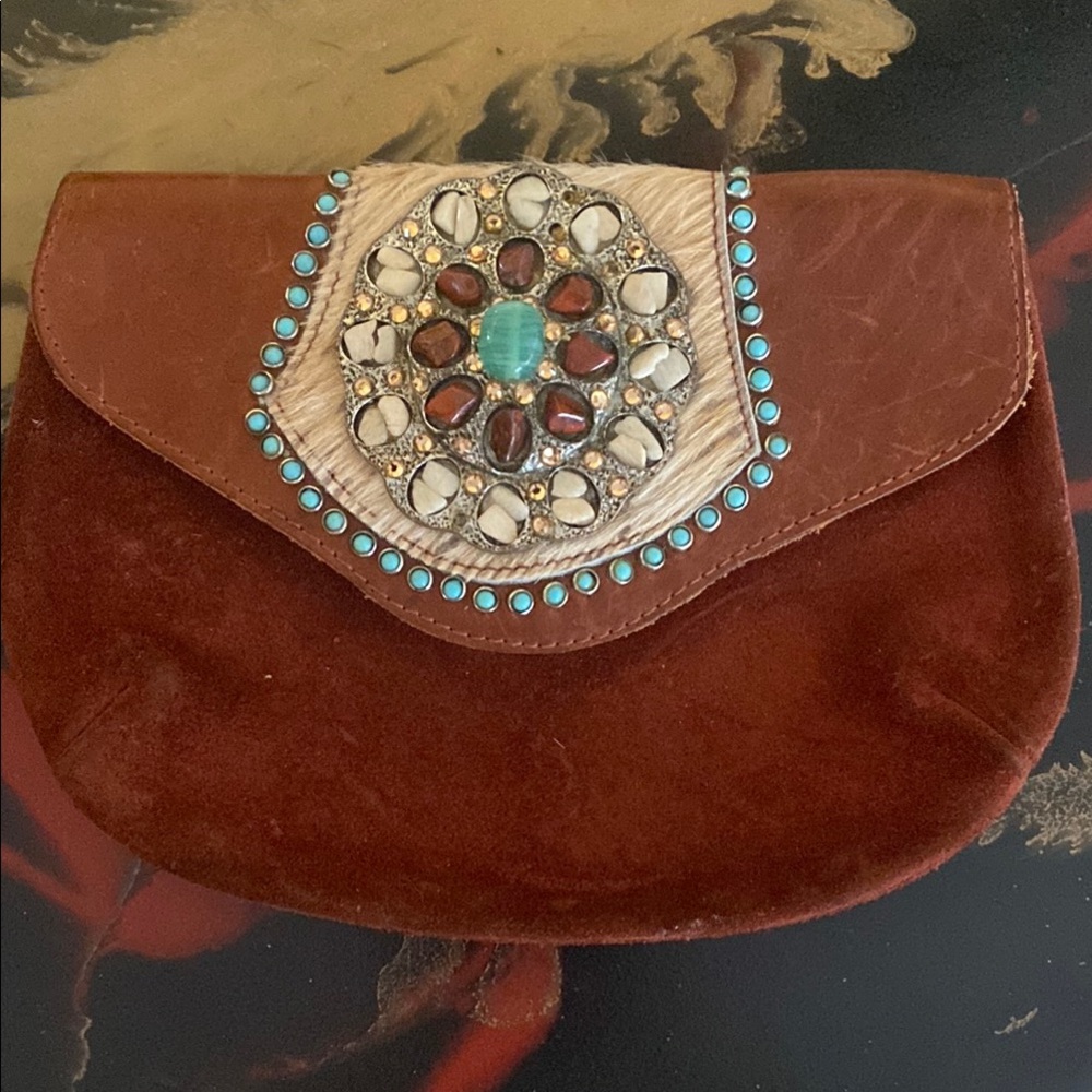 Vintage Romag Rust Brown Suede Clutch with turquoise and stone belt bag